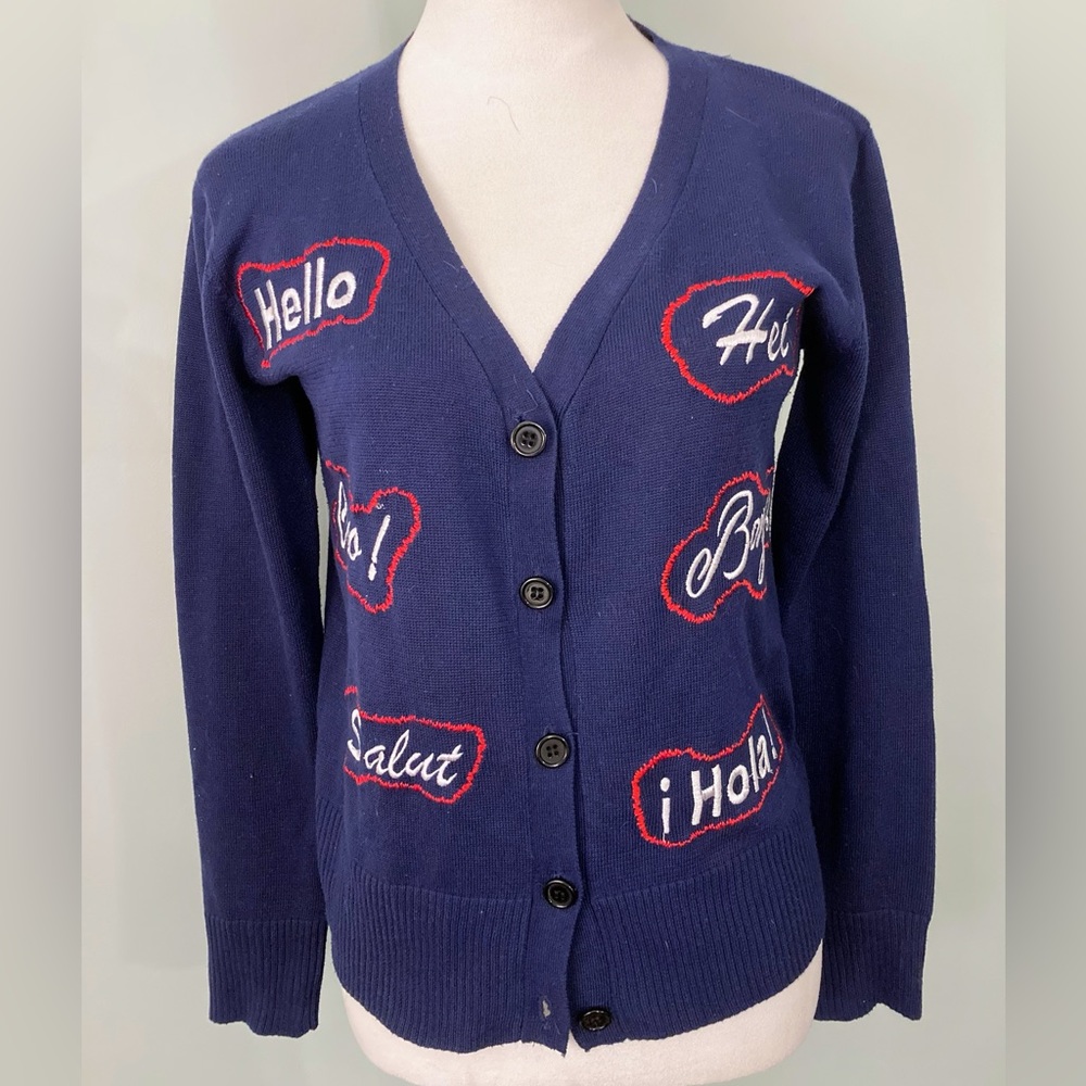 POL “Hello!” Embroidered Cardigan Sweater
